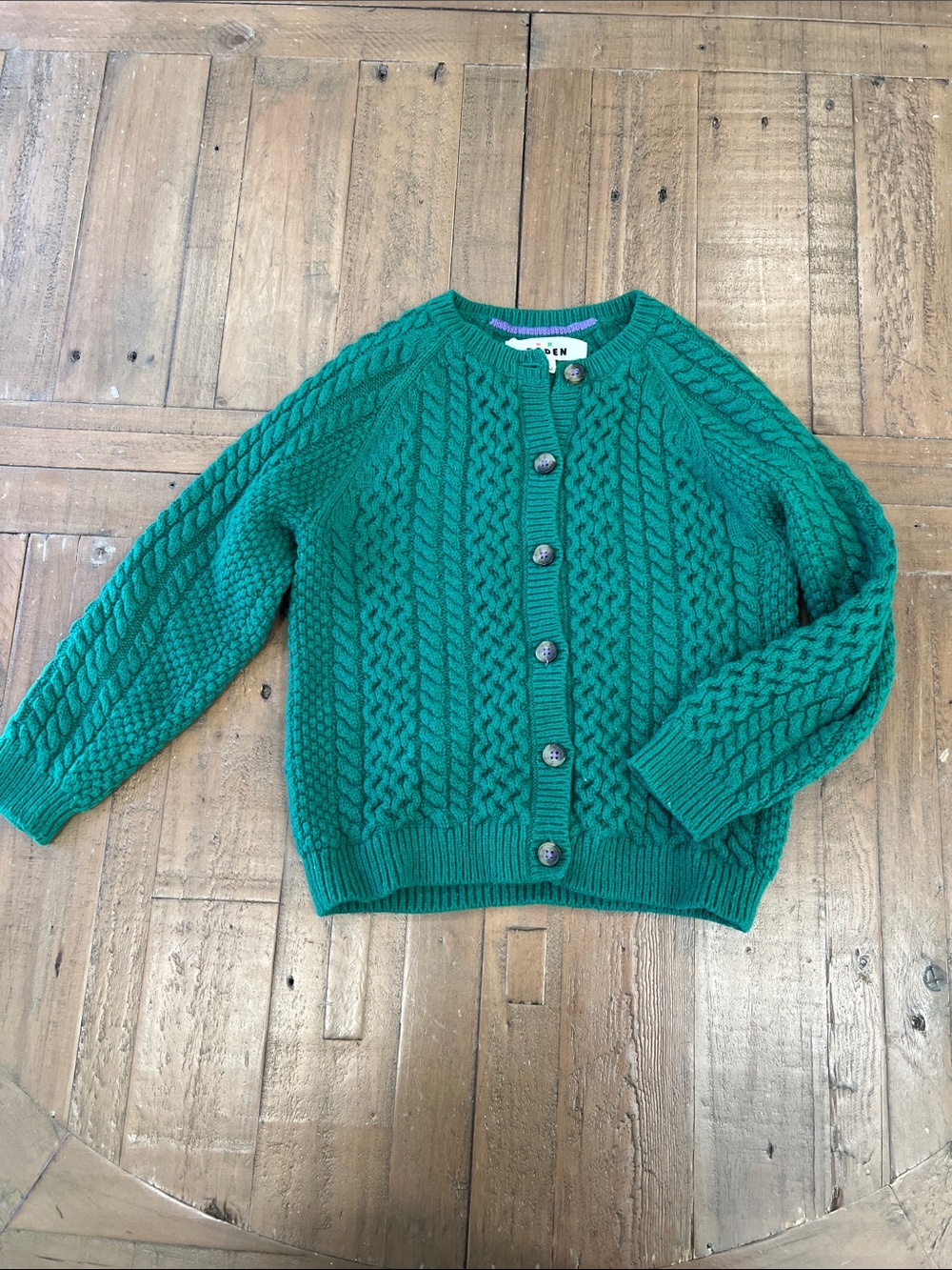 Mini Boden green Cableknit cardigan sweater 6-7 years